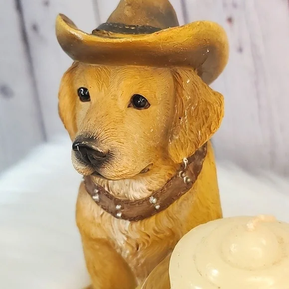 Western Cowboy Hat Yellow Labrador Retriever Dog Puppy Resin Candle Holder 6"x6" - Picture 6 of 16